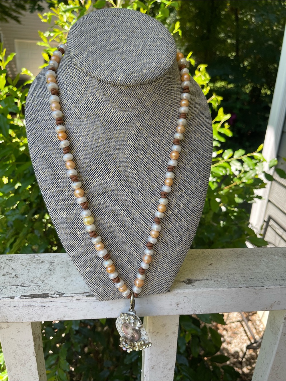 Hand Crafted Brown, Cream and White Beaded Pendant Necklace